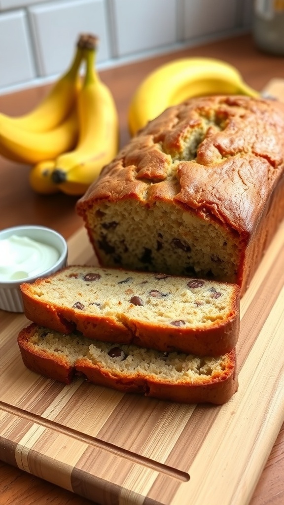Moist Banana Bread with Vanilla Yogurt A golden brown loaf of banana bread sliced, revealing moist texture, with bananas and yogurt in the background.